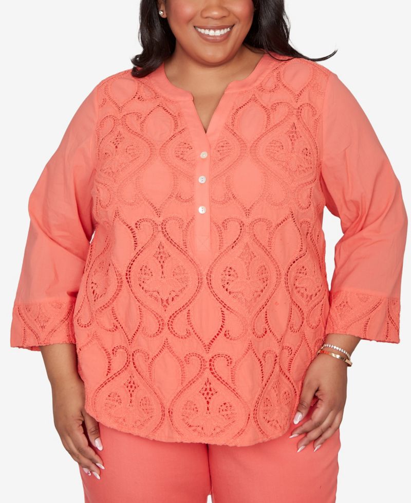 Plus Size Resort Living Textured Lace Scroll Henley Top
