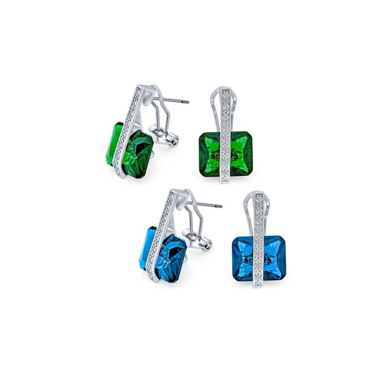 Art Deco Style Pink and Blue Rectangle CZ Drop Cocktail Earrings Silver