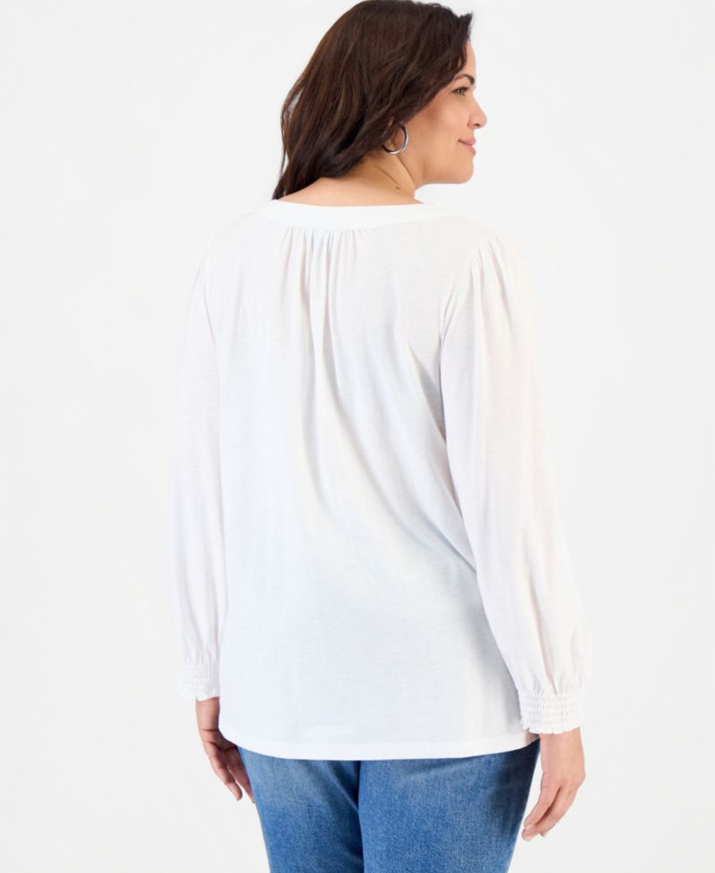 Plus Size Smocked-Cuff Long-Sleeve V-Neck Top
