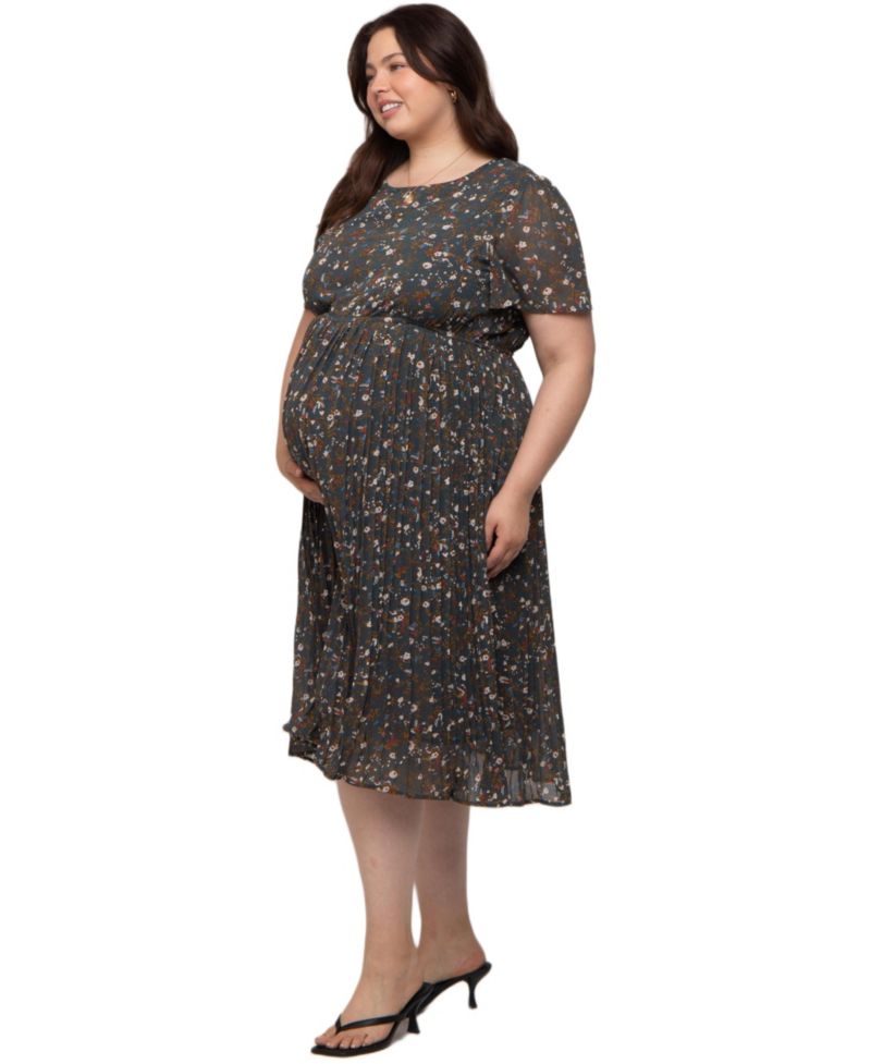 Women's Maternity Floral Pleated Chiffon Midi Dress