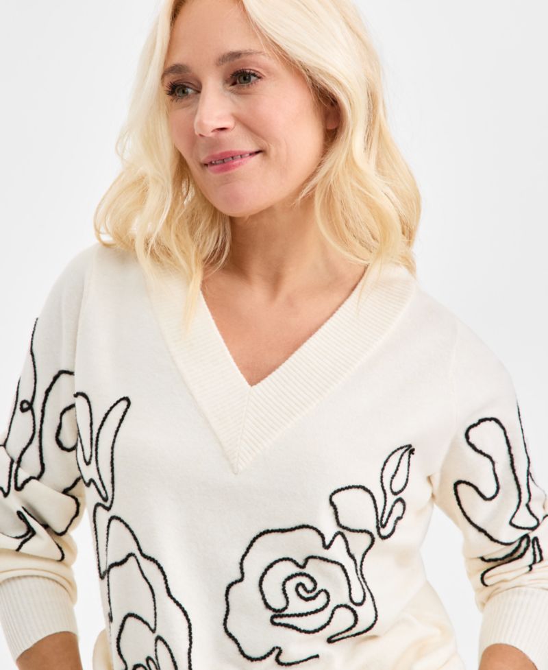 Petite Embroidered Soutache Long-Sleeve Sweater