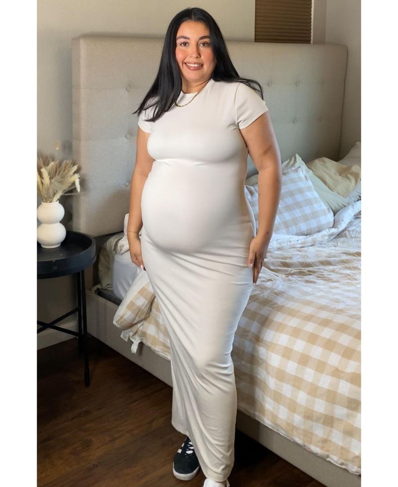Women's Cream Fitted Short Sleeve Maxi Dress