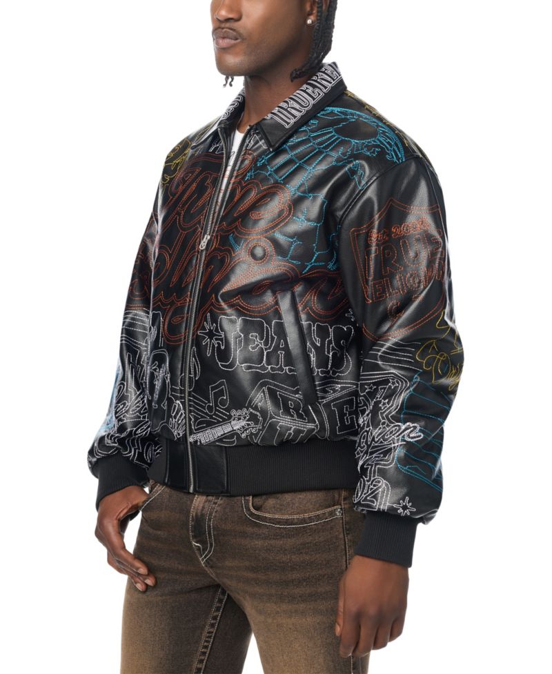 Men's Trophy Retro Embroidered Faux Leather Bomber Jacket