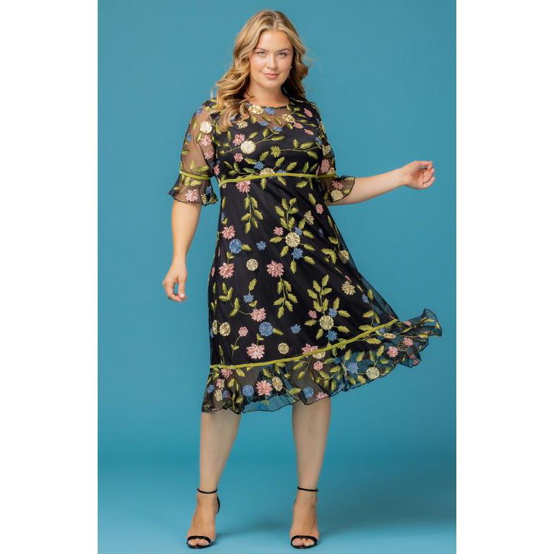 Plus Size Wildflower Embroidered Floral Mesh Cocktail Dress