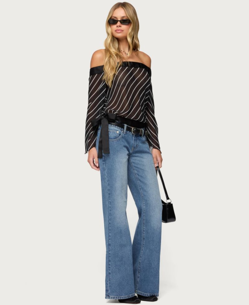 Women's Diagonal Striped Off Shoulder Chiffon Top