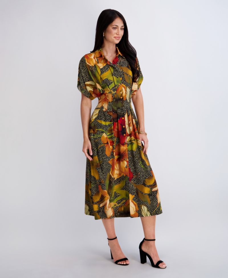 Women's Button-Front Collared Neck Midi Shirt-Dress
