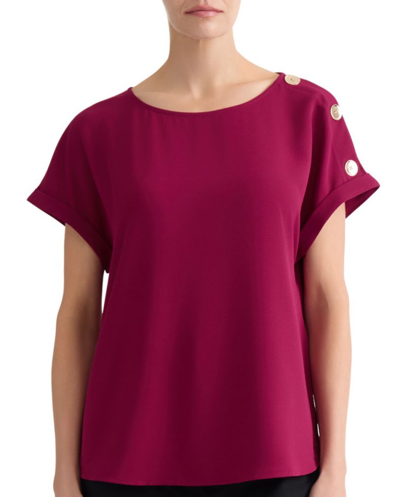 Petite Shoulder-Button-Detail Boat-Neck Short-Sleeve Blouse