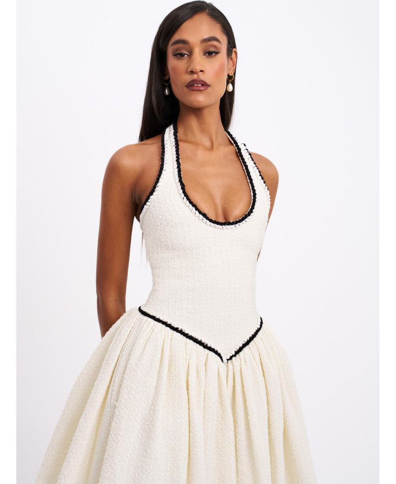 Women's Natalie U Neck Halter Drop Waist Tweed Midi Dress