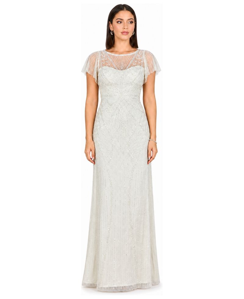 Women's Beaded Faux-Wrap V-Neck Bridal Gown