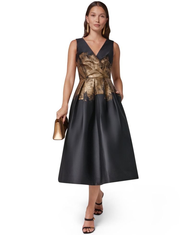 Women's Metallic Brushstroke Jacquard V-Neck Fit & Flare Dress