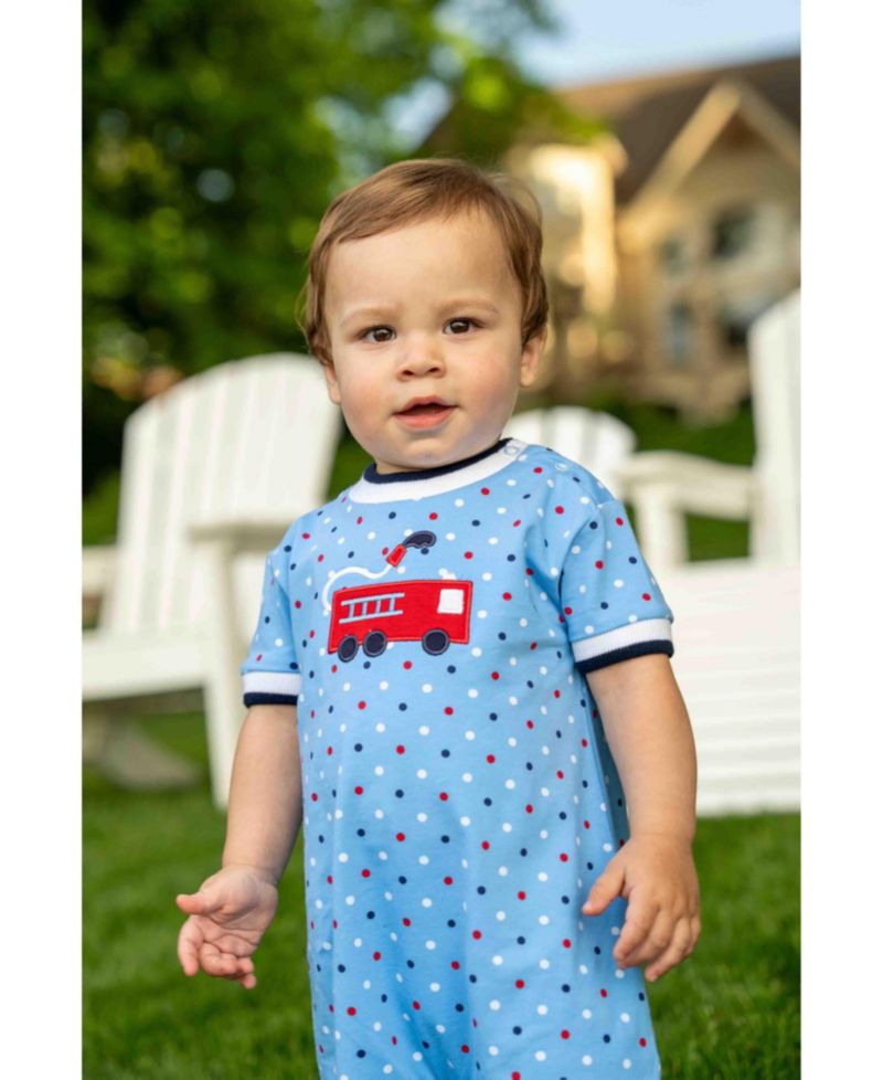Baby Boys Printed Knit Shortall With Fire Truck
