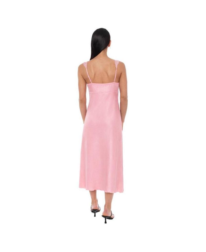 Women's Crushed Satin Slip Midi Lace-Trimmed V-Neck Dress