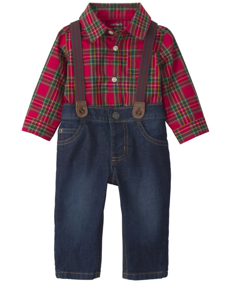 Baby Boys' Plaid Long-Sleeve Bodysuit and Suspender Denim Pants, 2-Piece Set