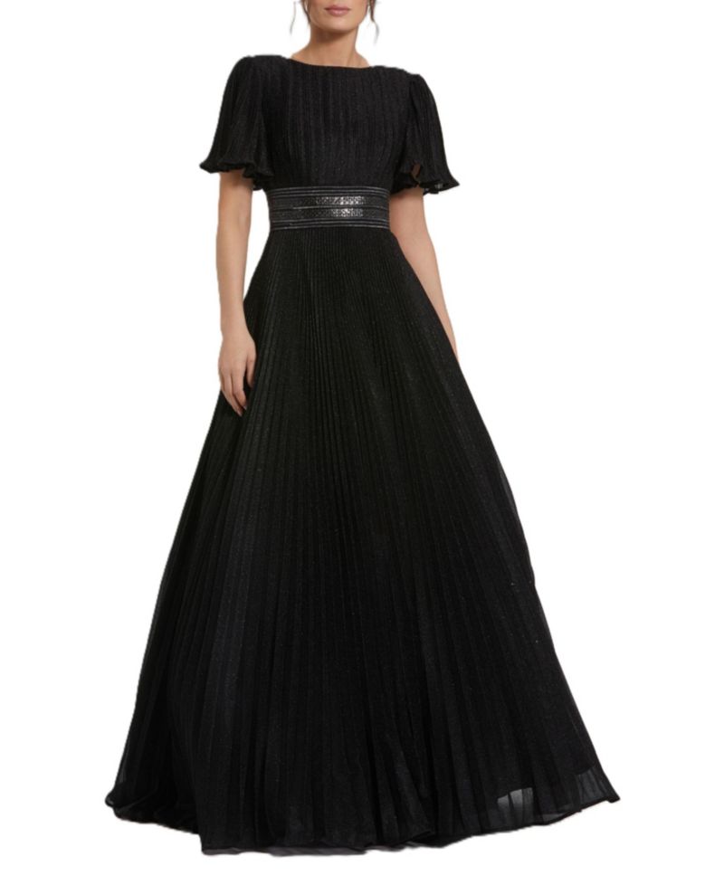 Women's Pleated Shimmering Georgette Flutter Sleeve Gown