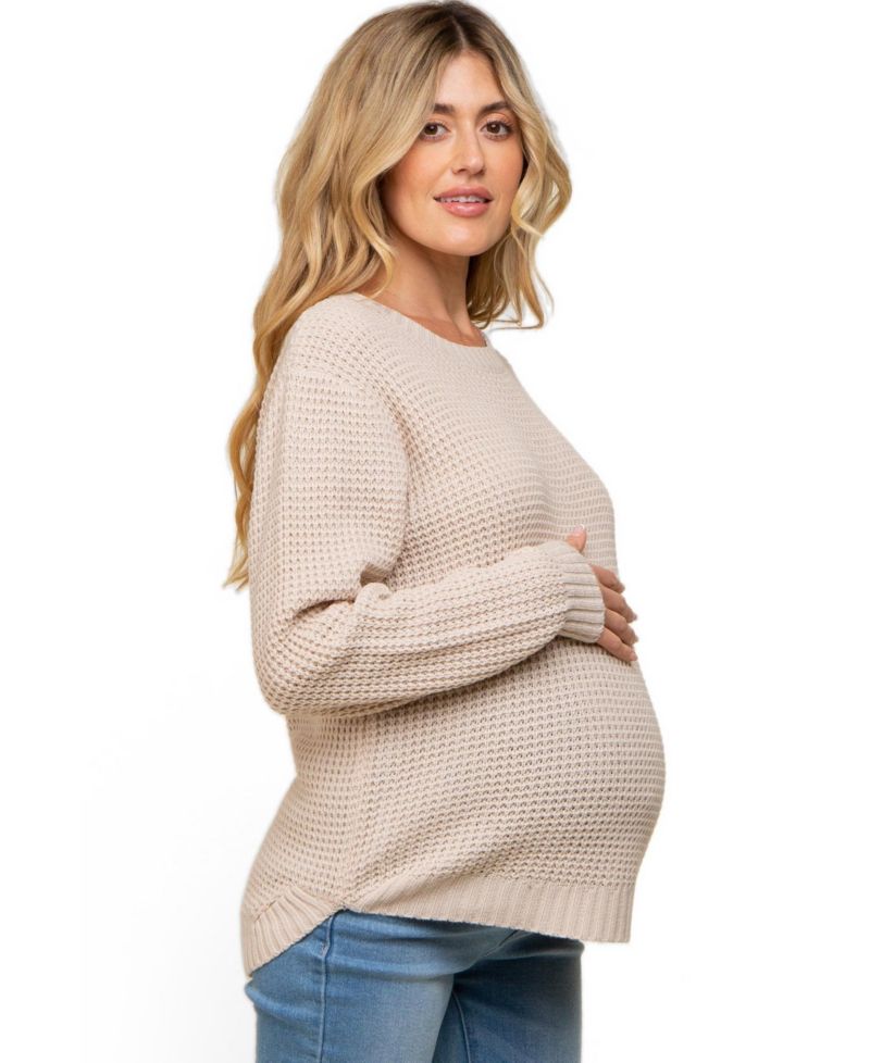 Women's Beige Waffle Knit Round Hem Sweater