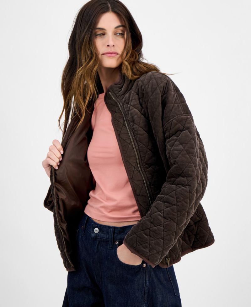 Juniors' Quilted Corduroy Zip-Front Coat