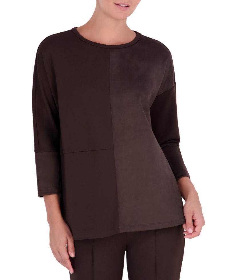 Petite Serenity 3/4-Sleeve Side-Slit Faux Suede Tunic