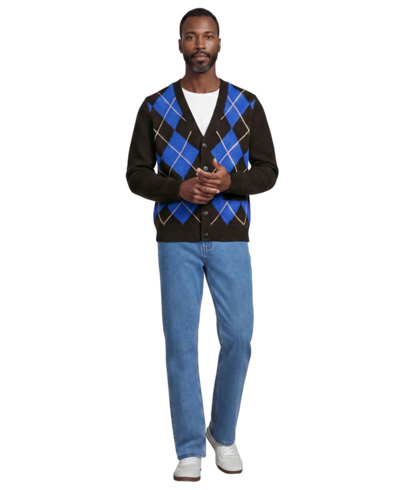 Men's Long Sleeve Fuzzy Argyle Cardigan Sweater