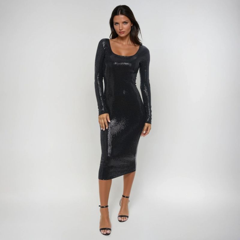 Women's Long Sleeve Square Neck Disco Dot Maxi Dress