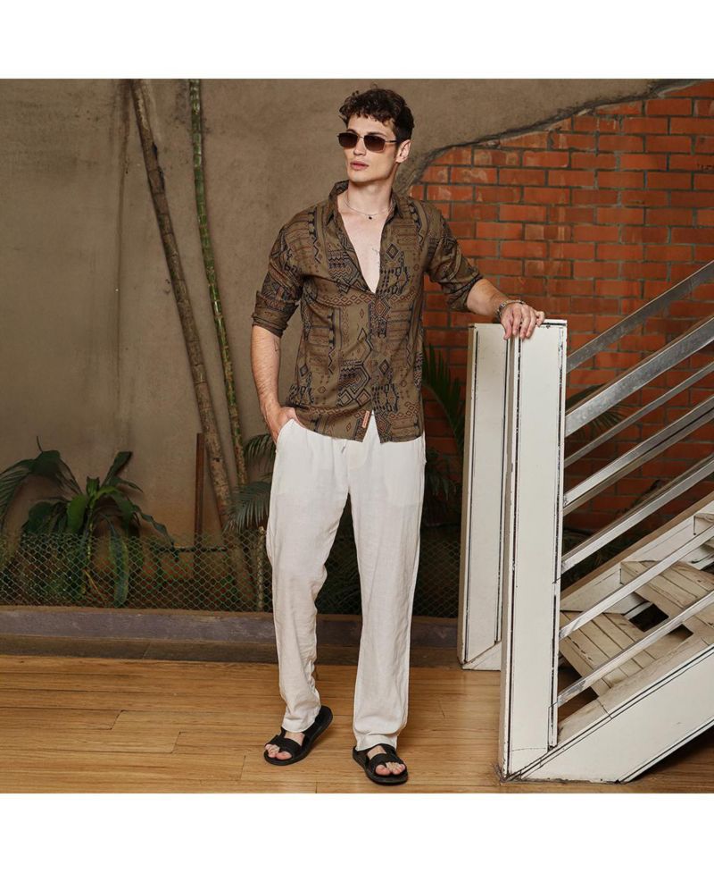 Men's Peanut Brown Aztec-Imprint Shirt