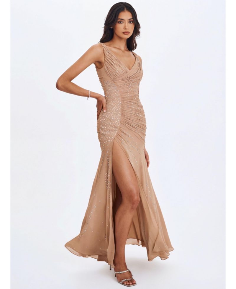 Women's Viveca Apricot Crystal-Embellished Asymmetrical Ruched Maxi Dress