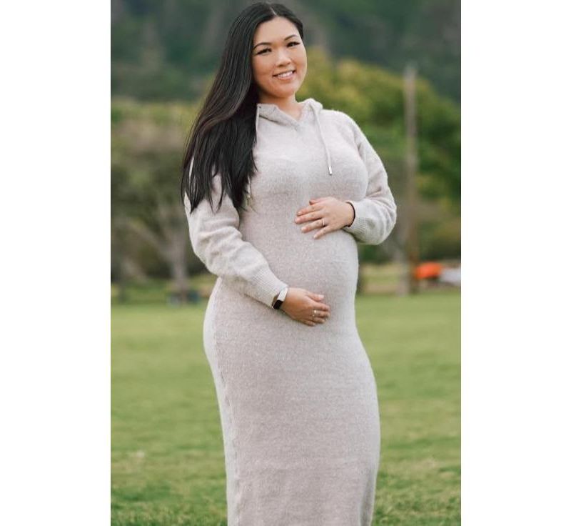 Maternity Beige Hooded Sweater Midi Dress