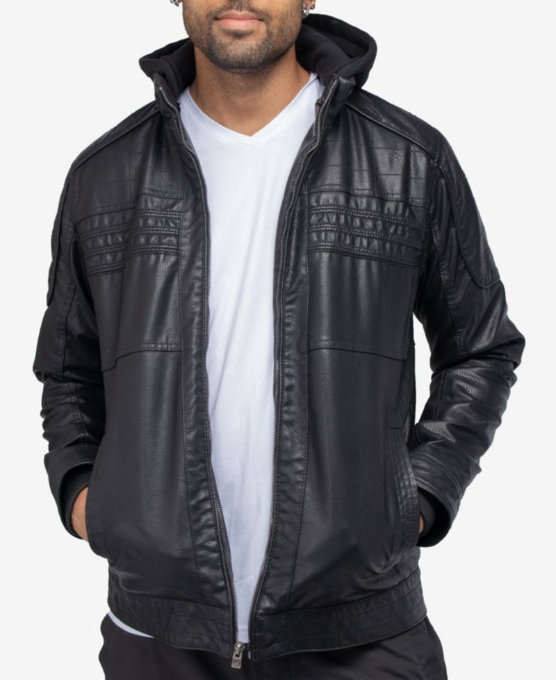 XRAY Men's Grainy PU Leather Hooded Jacket With Faux Shearling Lining