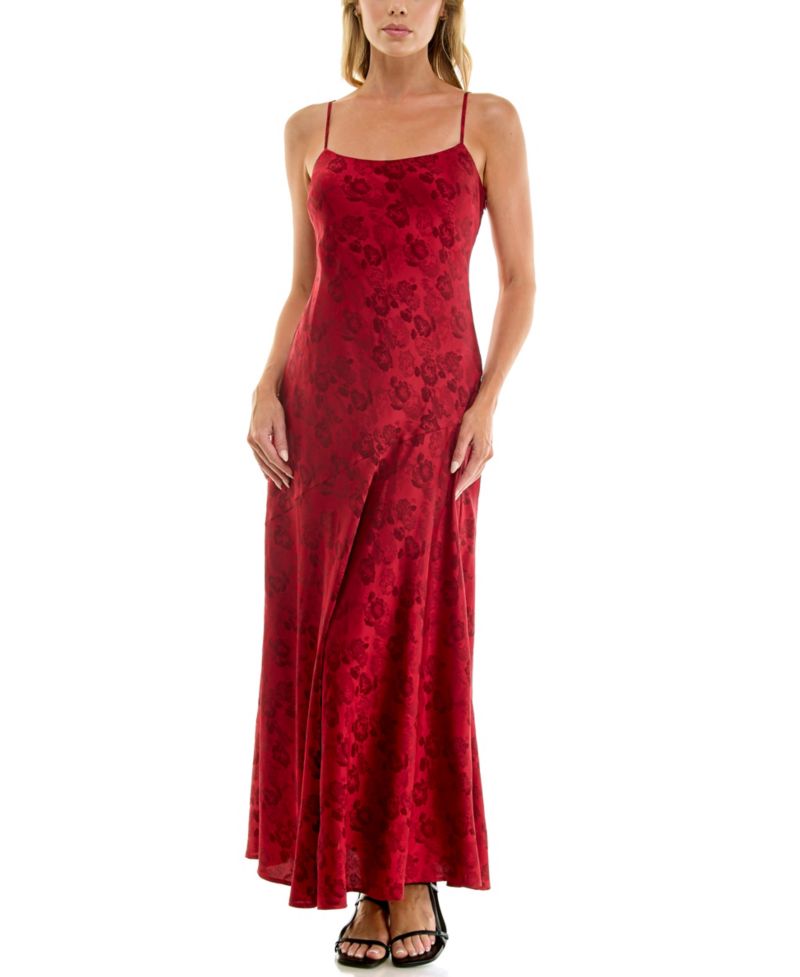 Juniors' Sleeveless Floral Slim Jacquard-Satin Maxi Dress with Matching Scarf
