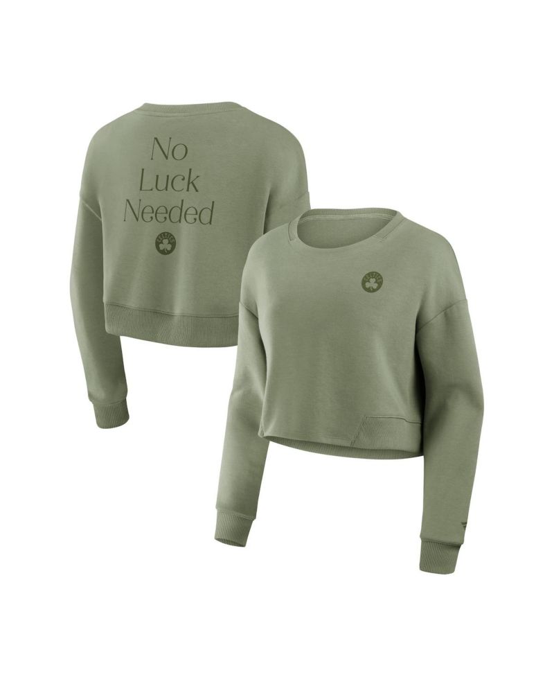 Women's Olive Boston Celtics Studio Tri-Blend Cropped Pullover Sweatshirt