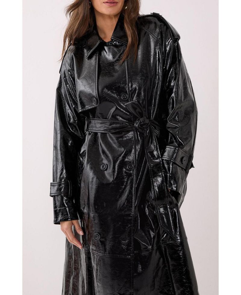 Women's High Shine Faux Leather Trench Coat