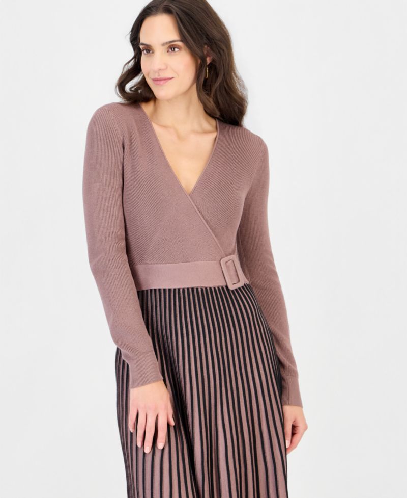 Petite Two-Tone Belted Sweater Dress