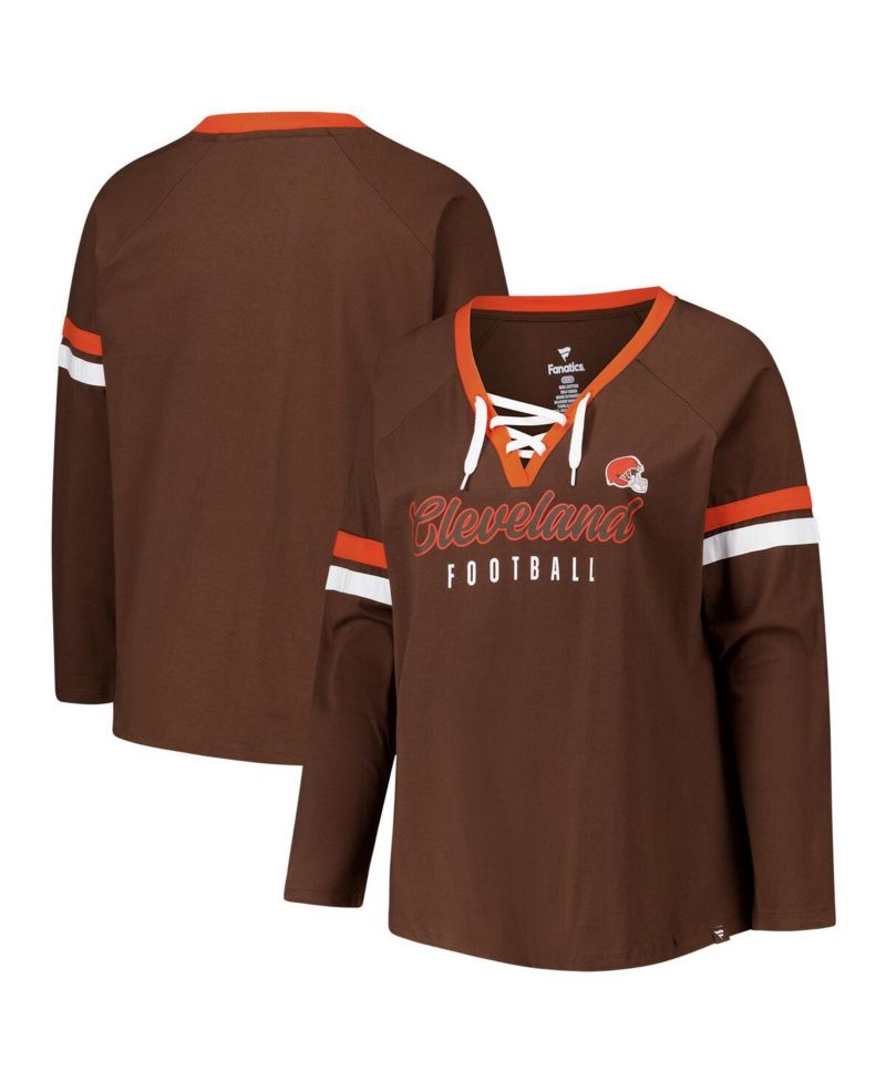 Women's Brown Cleveland Browns Plus Size Won Done Lace-Up V-Neck Long Sleeve T-Shirt