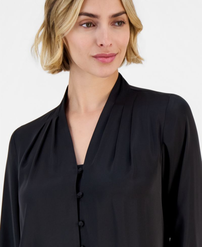Women's Satin Pleated-Cuff Button-Front Blouse
