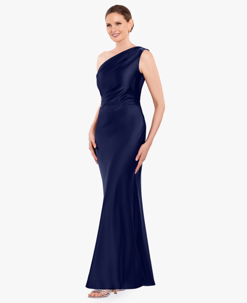 Petite One-Shoulder Draped Evening Gown