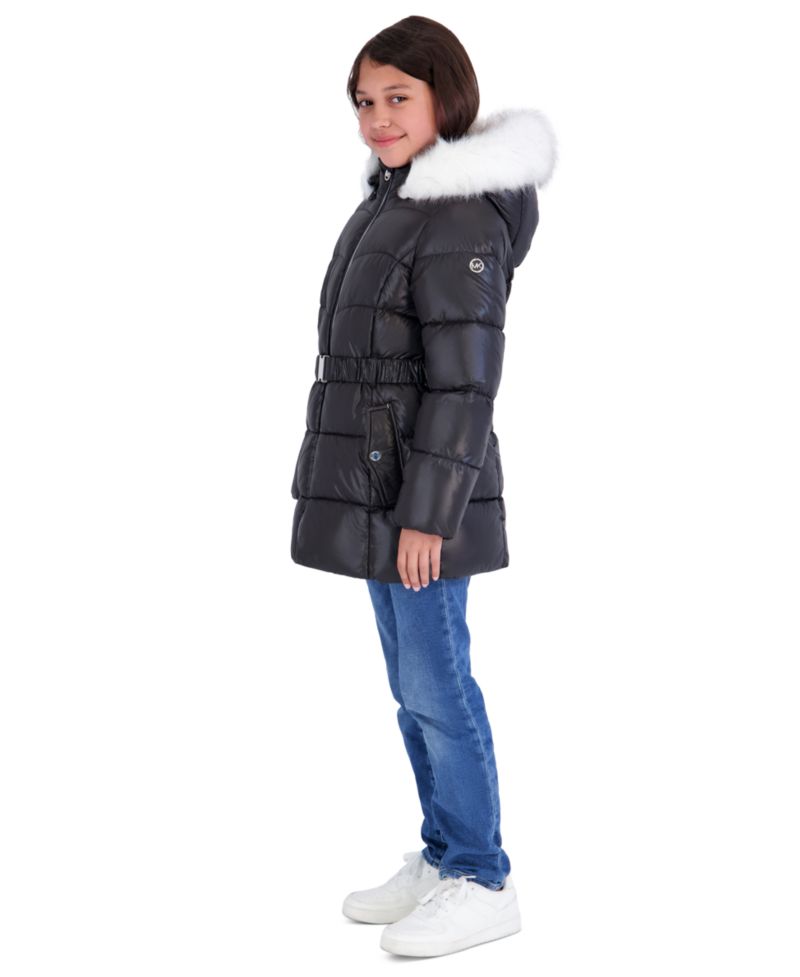 Girls' 5-16 Belted Stadium Length MK Logo Long-Sleeve Jacket