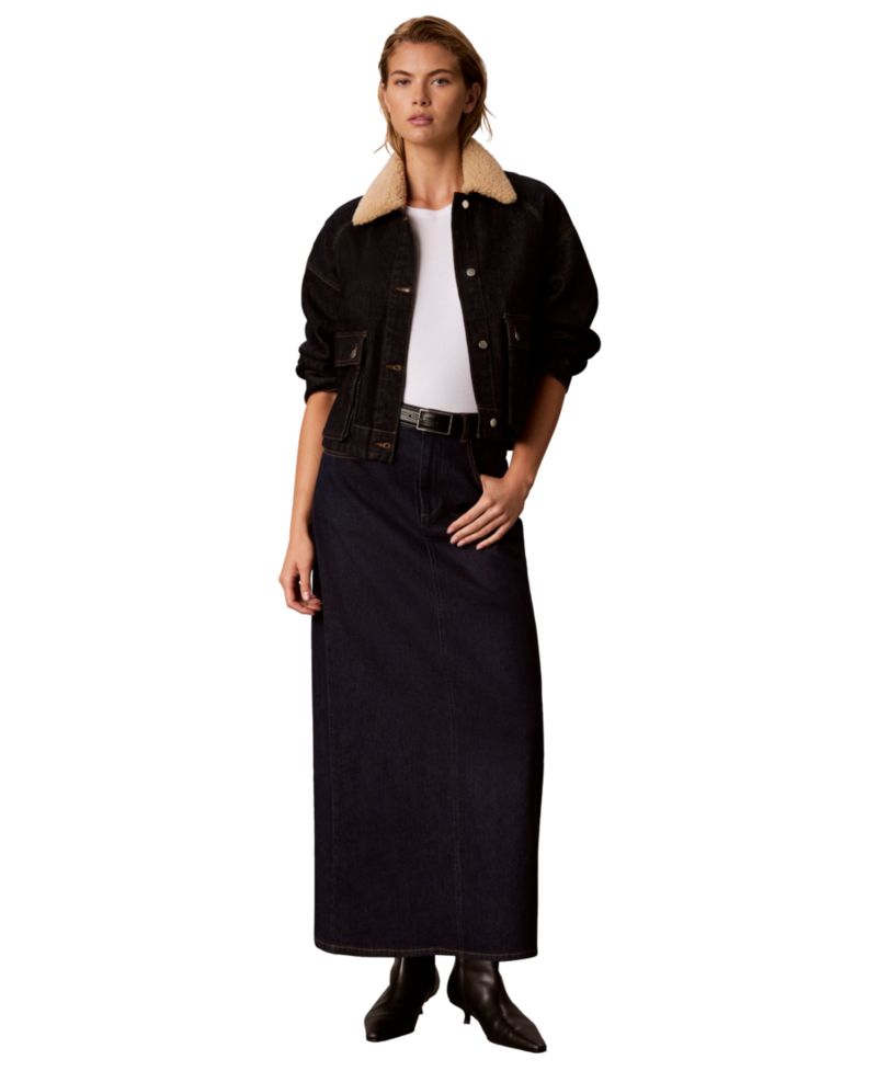 Women's Cropped Shearling-Collar Denim Jacket