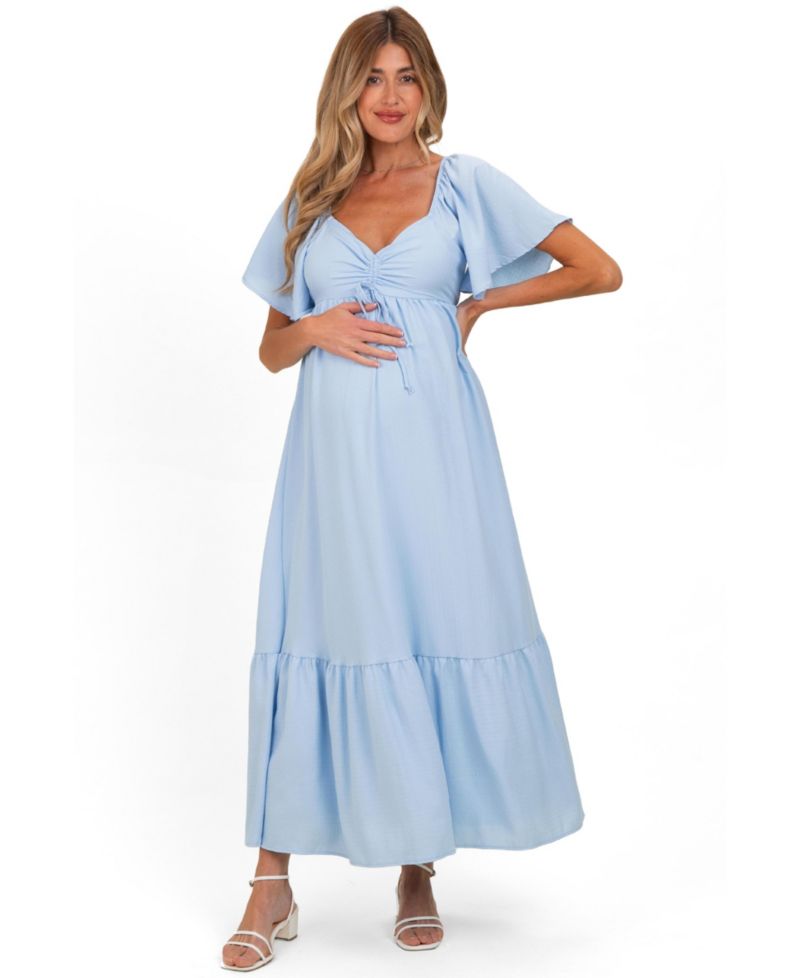 Maternity Light Blue Flutter Sleeve Ruffle Hem Maxi Dress