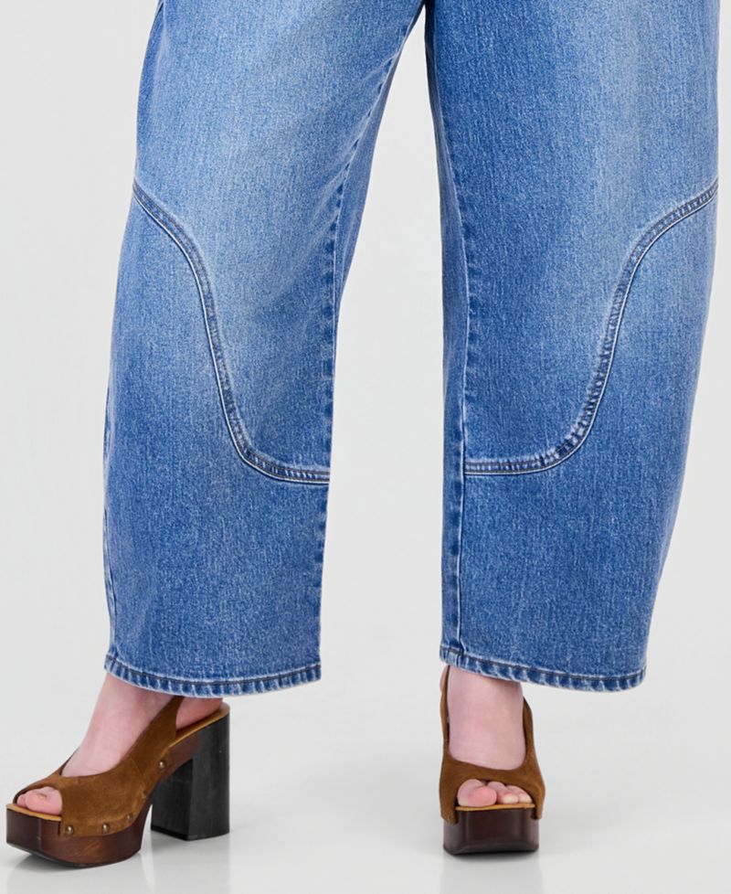 Plus Size Curved Seamed Barrel High-Waisted Wide-Leg Denim Jeans