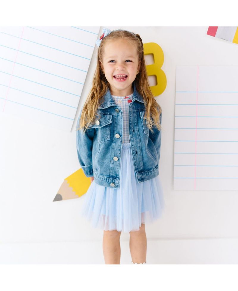 Big Girls Blue Plaid Bow Patch Denim Jacket