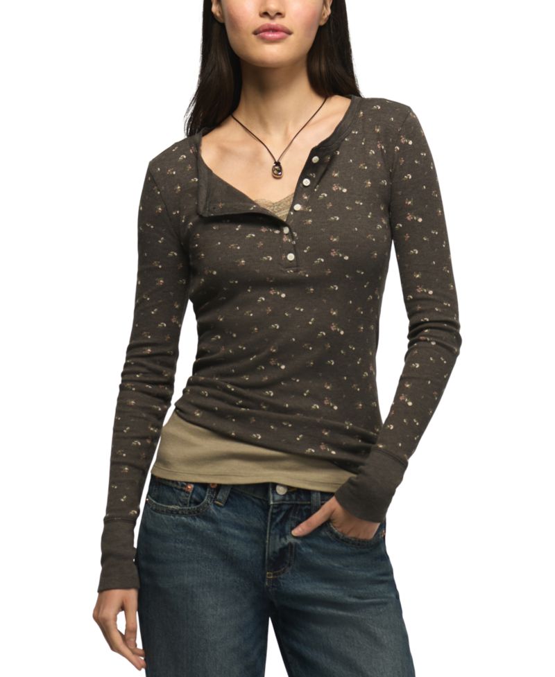 Women's Long-Sleeve Ribbed Floral-Print Henley Top