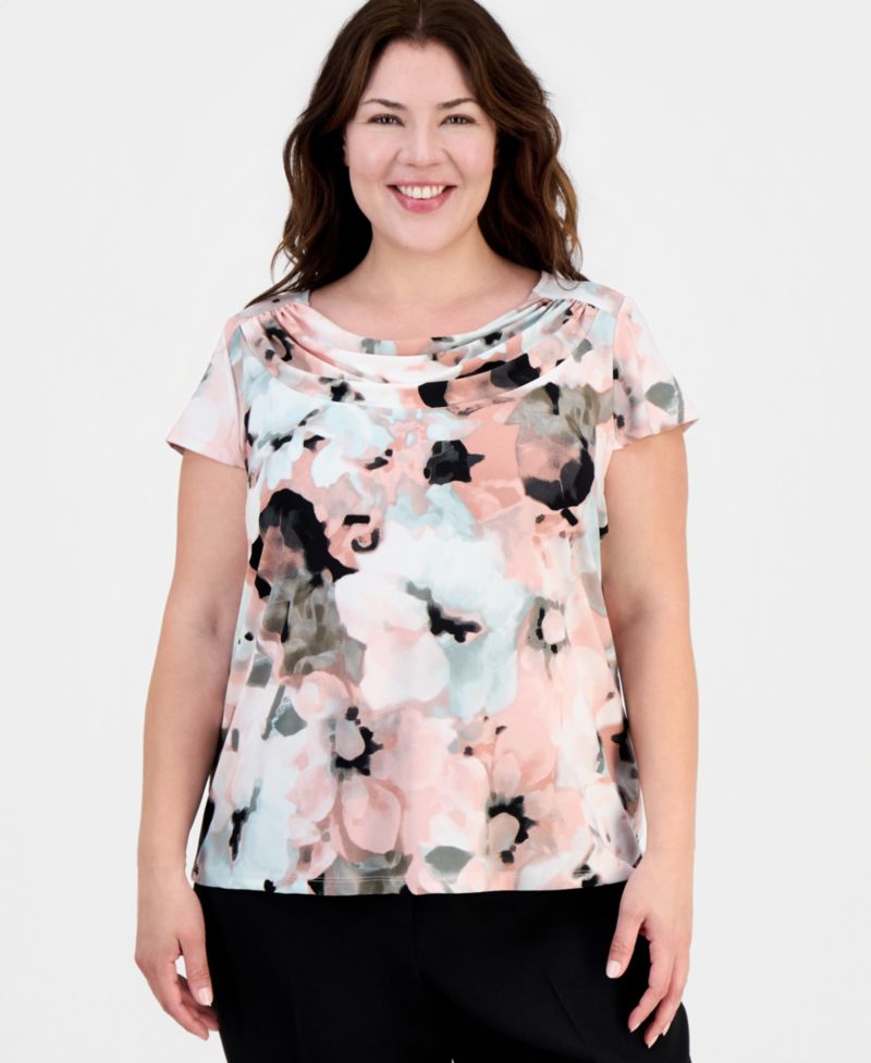 Plus Size Blurred Floral Cowlneck Top