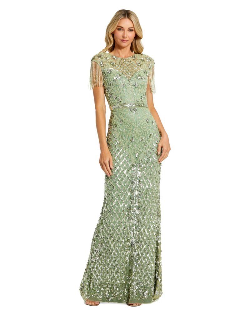 Petite Beaded Fringe High-Neck Fitted Evening Gown