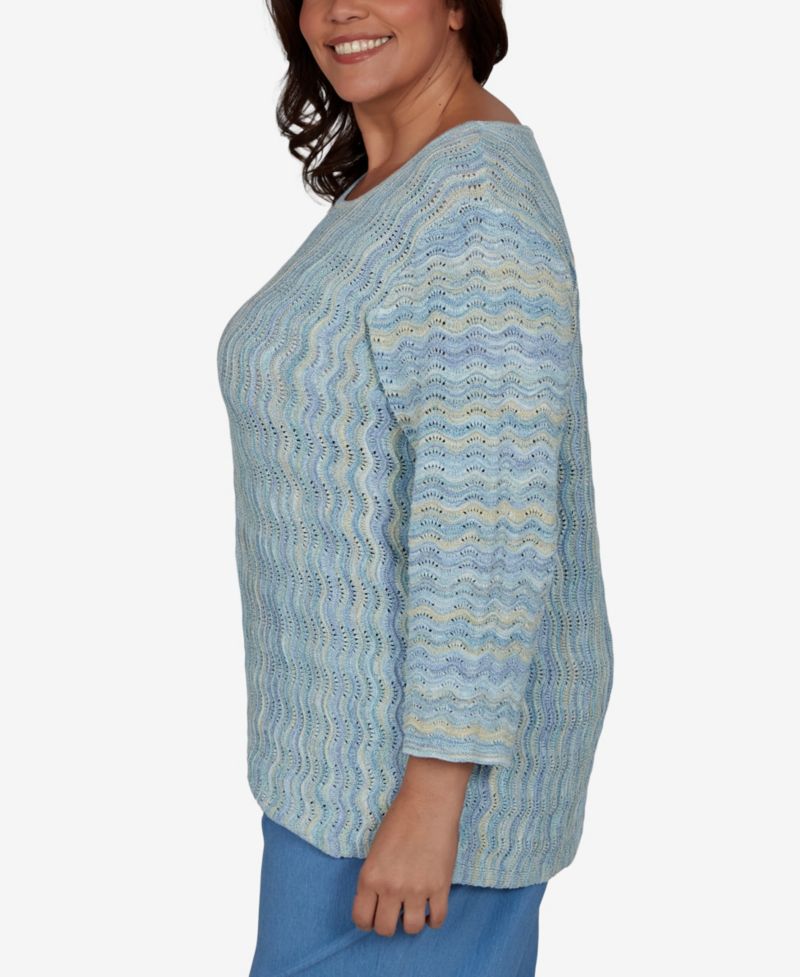 Plus Size Provence Textured Scalloped-Stripe Sweater