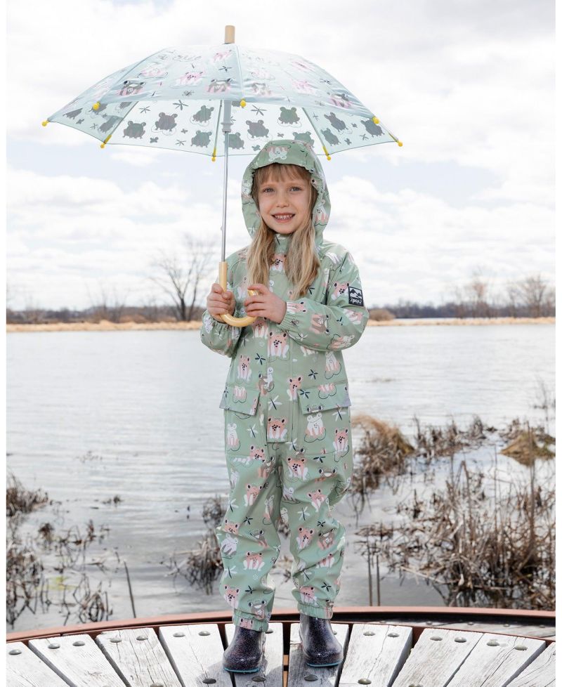 Little Girls Polyurethane Frog Print Rain One-Piece