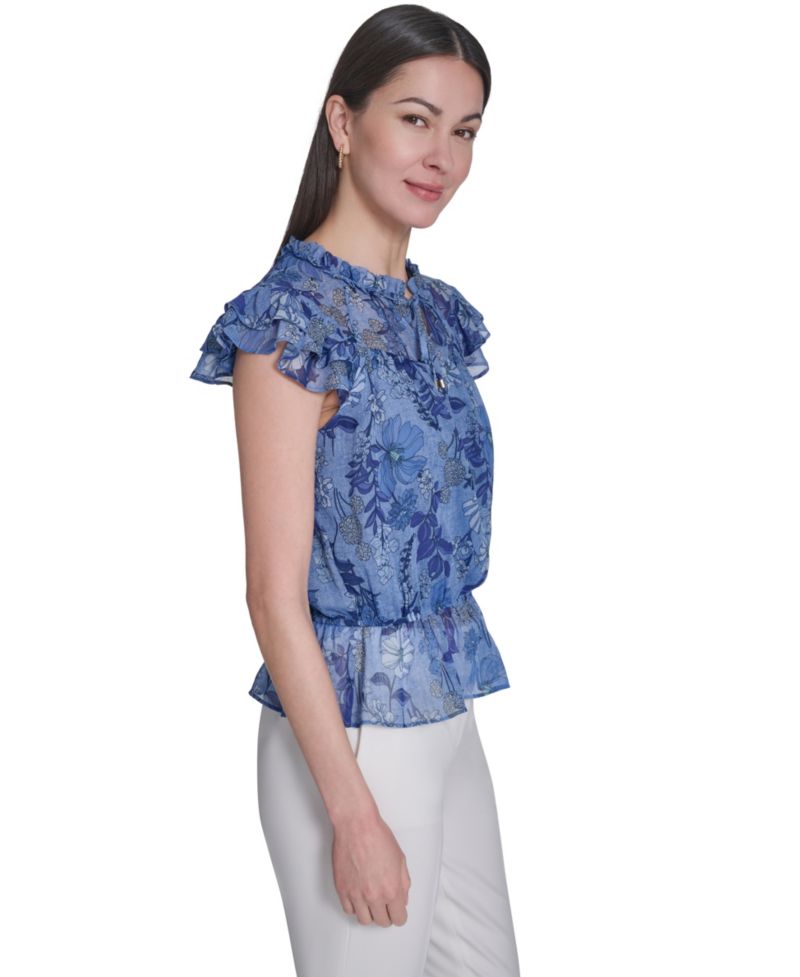 Women's Floral Peplum Flutter-Sleeve Blouse