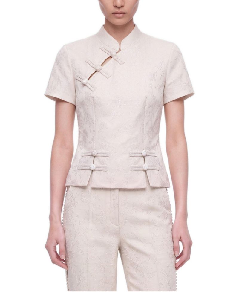 Women's Short-Sleeve Floral-Print Blouse with Chinese Button Detail