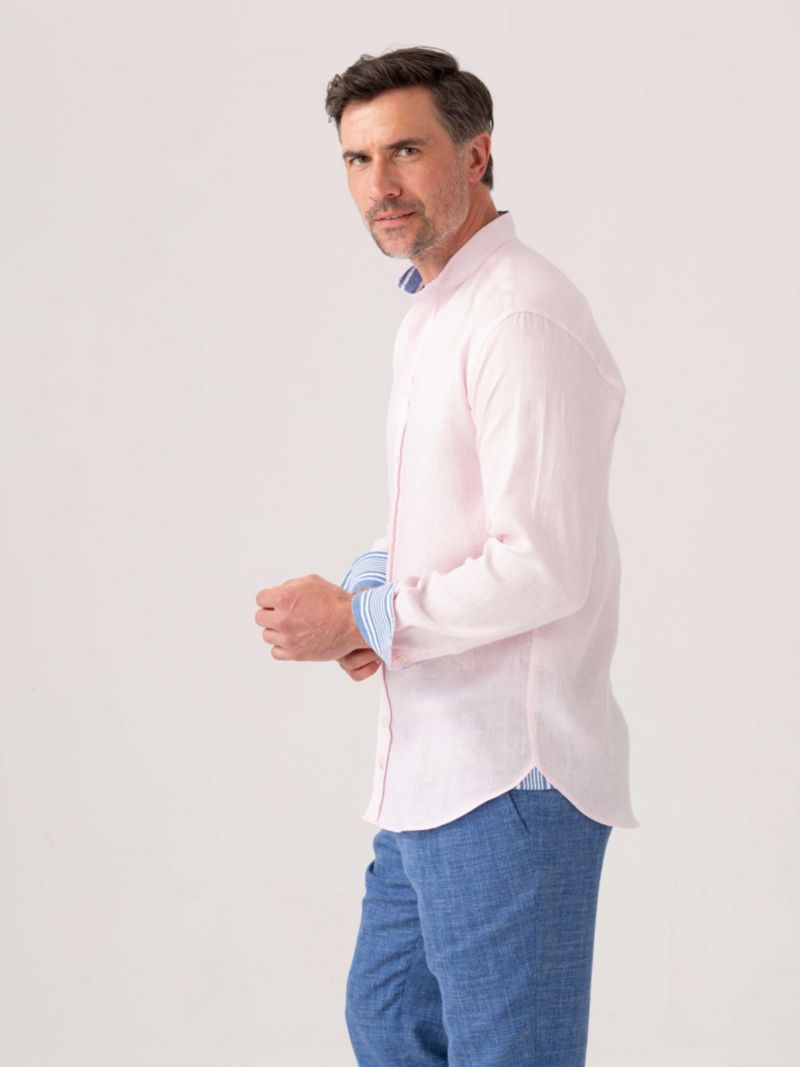 Men's Linen Band Collar Shirt