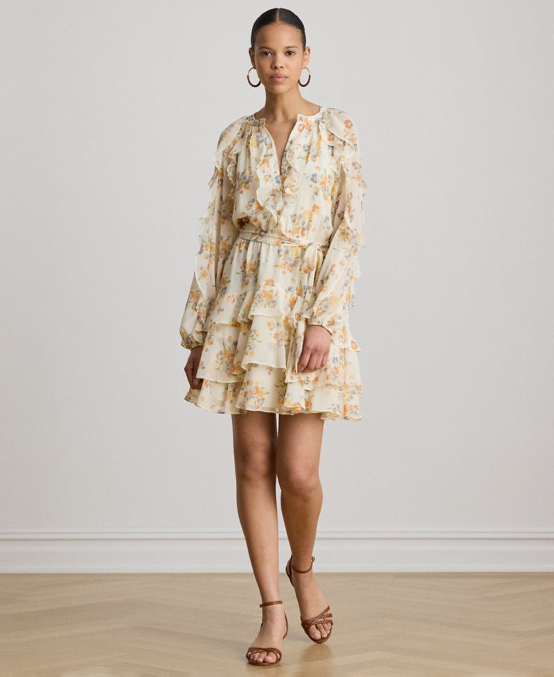 Petite Band Collar Floral Ruffle-Trim Tiered Dress