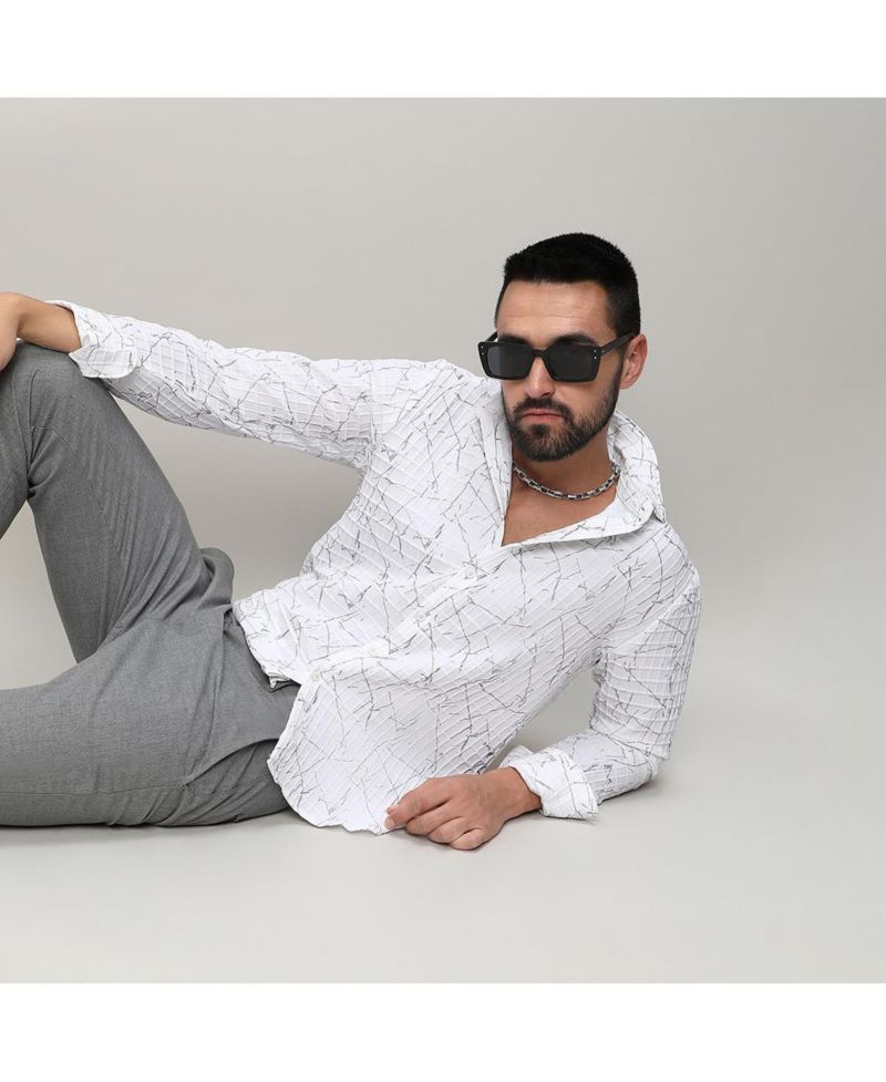 Men's Chalk White Holographic Veined Textured Shirt