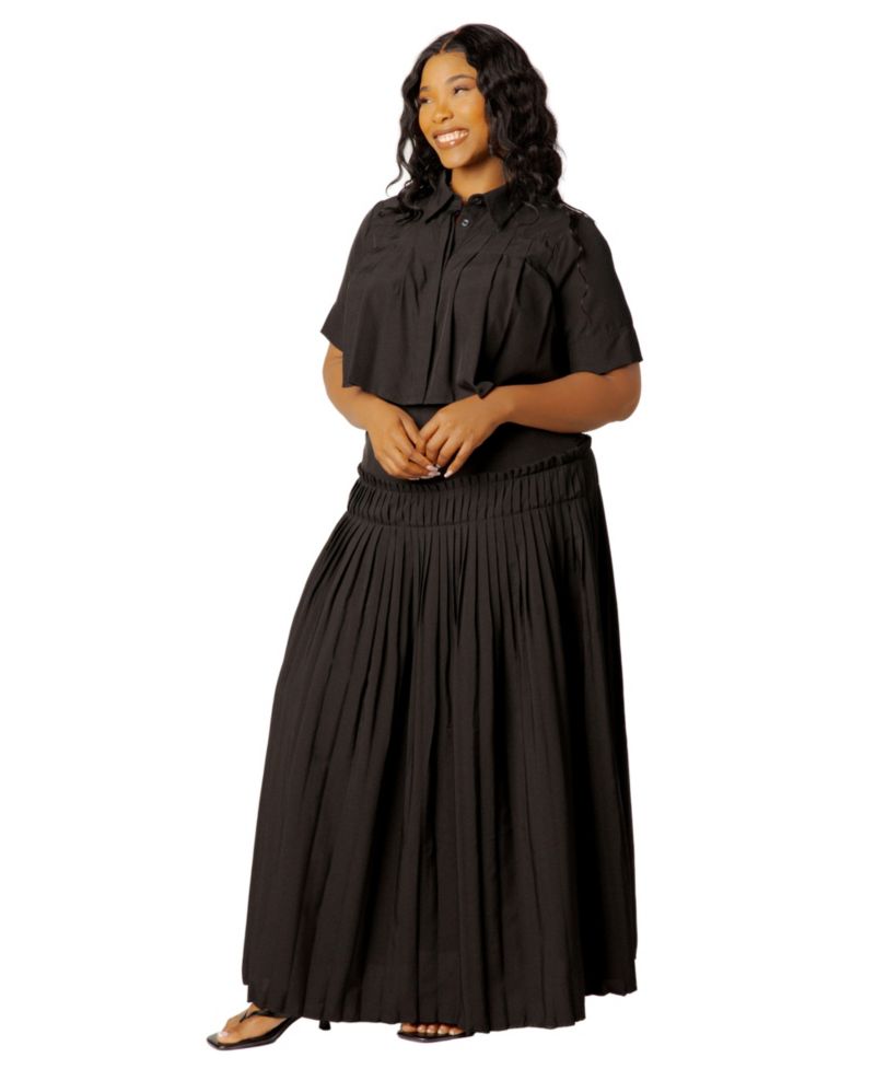 Plus Size Pleated Cropped Collared Top and Skirt Set